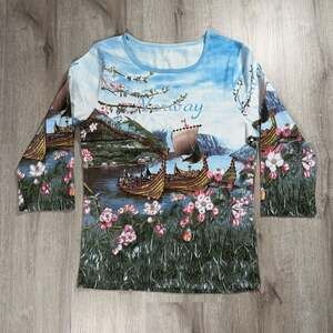 Y2K AOP Take Two Norway Scenic Viking Ship Graphic 3/4 Sleeve Top Rhinestone